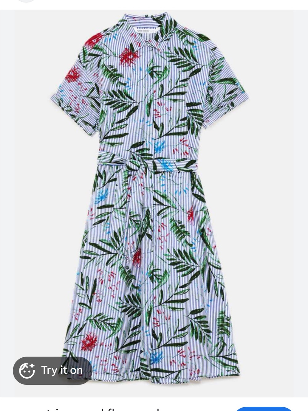 Zara Striped Floral Midi Shirt Dress - White/Green/Blue/Red